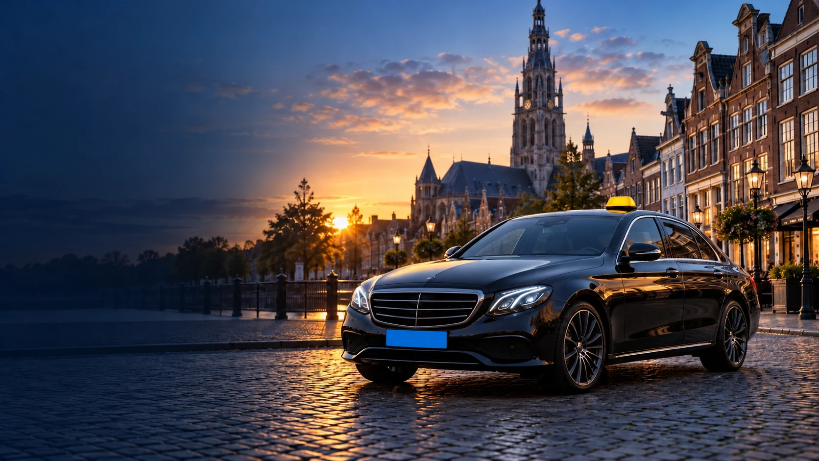 Sfeervolle impressie van een taxi in Breda bij zonsopkomst